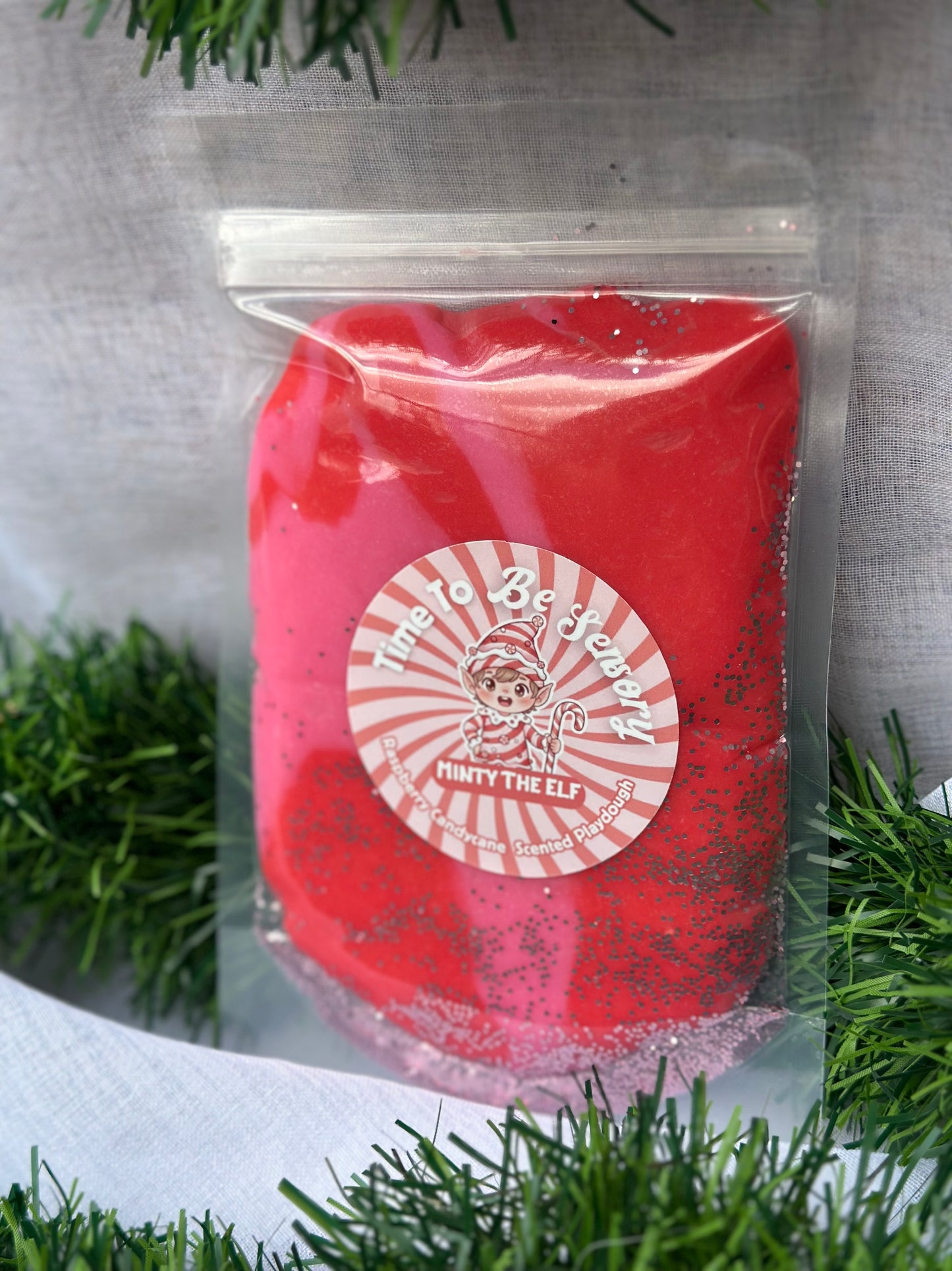 Minty Elf-Raspberry Candycane- 220g Playdough Pouch