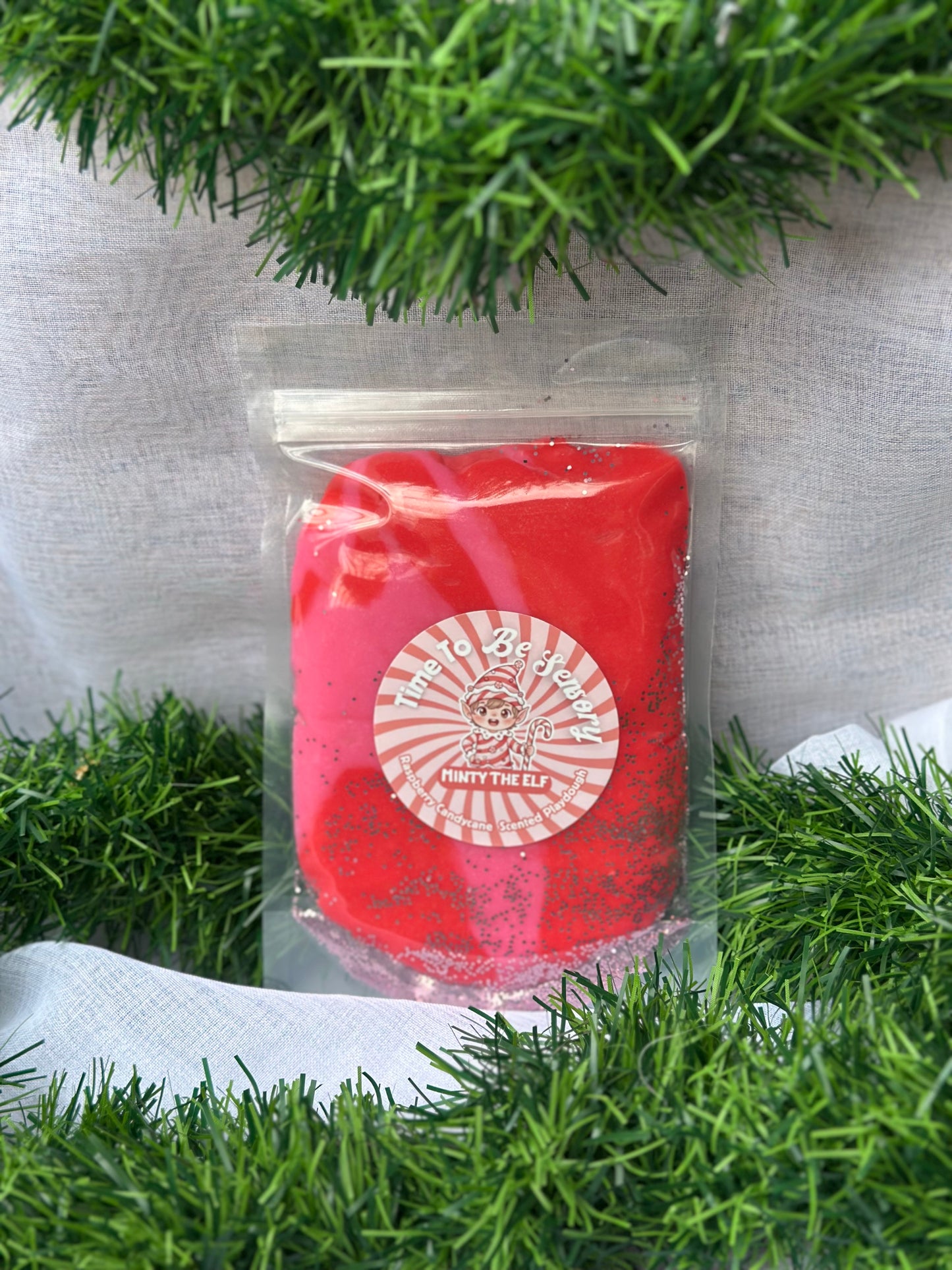 Minty Elf-Raspberry Candycane- 220g Playdough Pouch